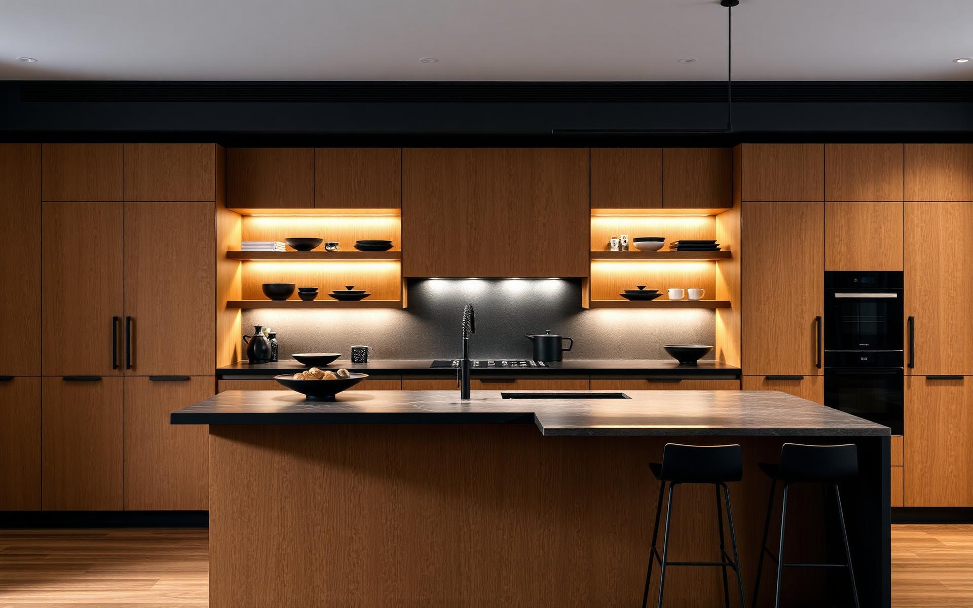 Modern kitchen with warm oak cabinetry