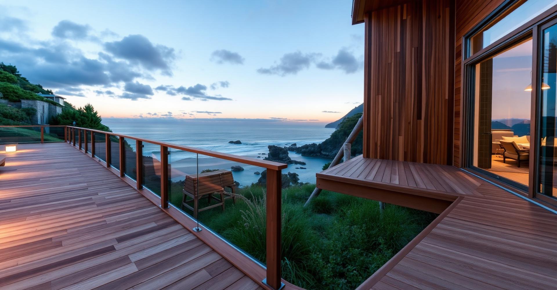 Teak deck at sunset overlooking the ocean